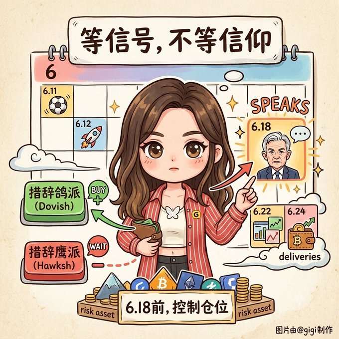 The image features a cartoon girl with brown hair, dressed in red and white clothing, holding a purse and standing next to a calendar that has various icons related to cryptocurrency and space exploration. The text in the image includes Chinese characters such as "6月值得认真对待的几个时间点", which translates to "six months from now". This suggests a connection between the girl's character and the future of cryptocurrency or space exploration.