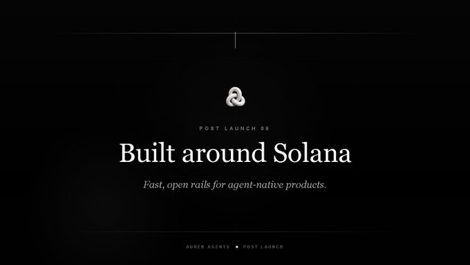 A dark promotional slide with the text 'Built around Solana - Fast, open rails for agent-native products,' labeled 'Post Launch 09' with 'Auren Agents' branding.