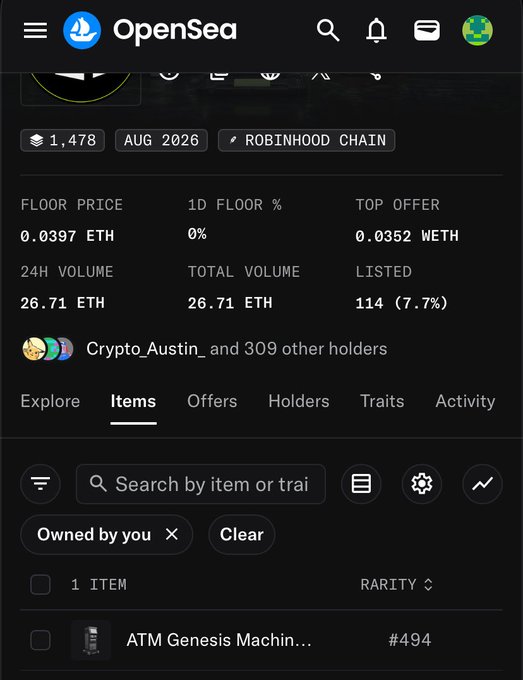 The image shows an OpenSea collection page for ATM Genesis Machine NFTs on the Robinhood Chain, with a floor price of 0.0397 ETH and a single item (#494) filtered as "Owned by you," confirming the user received an airdropped ATM Genesis Machine NFT from ATM Protocol as mentioned in the post.