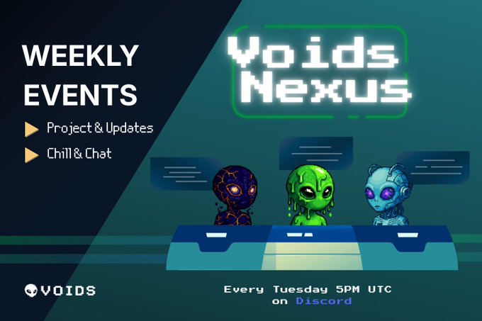 The image features a poster with three cartoon characters sitting at a table. The text on the poster reads "Weekly events" followed by "Voids Nexus", indicating that there's an event related to the video game "Voids Nexus". The poster also includes details about the event, such as the time it will take place and where it is happening.