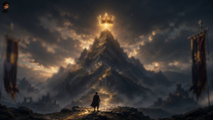 A lone figure stands before a towering mountain crowned with a glowing, monumental crown, flanked by tattered banners, evoking the elusive "prize" at the heart of ClaimRush's king-of-the-hill loop—where the crown itself is a target meant to be claimed and lost again and again. The dramatic scene visually captures the game's central tension: a distant, radiant throne that rewards the bold challenger more than the one who merely sits upon it.