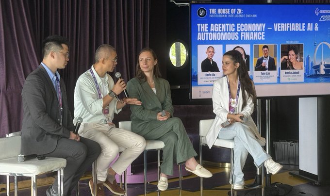 A panel discussion titled 'The Agentic Economy – Verifiable AI & Autonomous Finance' at The House of ZK event features moderators Neville Liu, Tony Lau, and Amelia Pinto seated on stage alongside a speaker with a microphone.