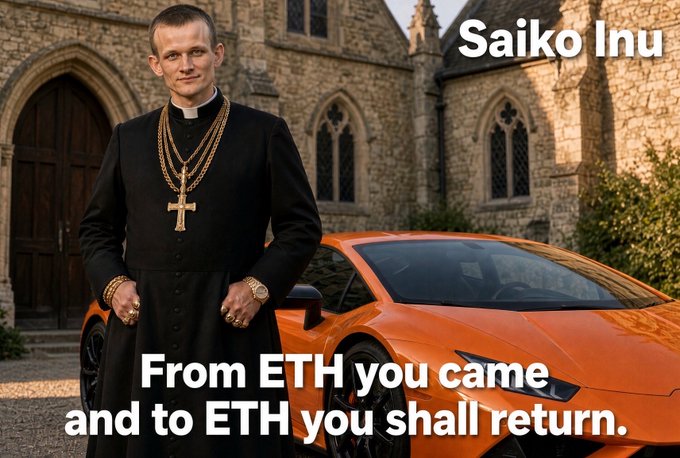 A meme featuring a man dressed as a priest wearing gold chains and a cross, standing in front of an orange Lamborghini, with text "Saiko Inu" and "From ETH you came and to ETH you shall return."