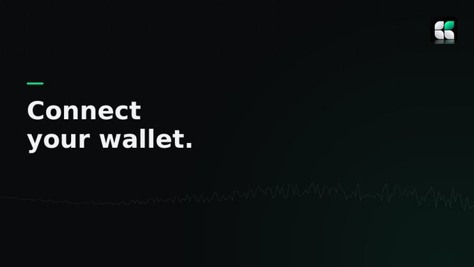 A dark screen displays the text 'Connect your wallet.' with a small green line above it and a logo in the top right corner, set against a faint audio waveform graphic.