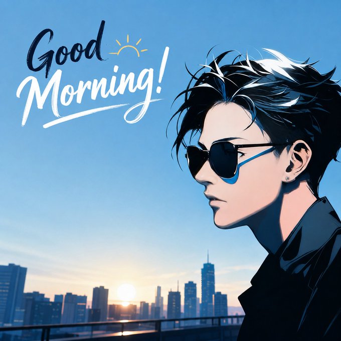 An illustrated anime-style man with tousled black hair and sunglasses gazes over a cityscape at sunrise, with "Good Morning!" written in stylized brushstroke text in the top left corner. The image serves as a fitting visual greeting to accompany the post about discovering the Moonclave ($MCV) Web3 project.