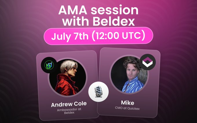 A pink promotional banner for an AMA session with Beldex on July 7th at 12:00 UTC, featuring Andrew Cole (Ambassador at Beldex) and Mike (CMO at Quickex).