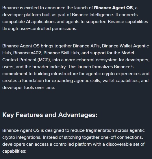 The image is an official Binance announcement unveiling **Binance Agent OS**, a new developer platform under Binance Intelligence that unifies Binance APIs, Wallet Agentic Hub, x402, Skill Hub, and Model Context Protocol (MCP) support, alongside a "Key Features and Advantages" section highlighting how it reduces fragmentation across agentic crypto integrations.