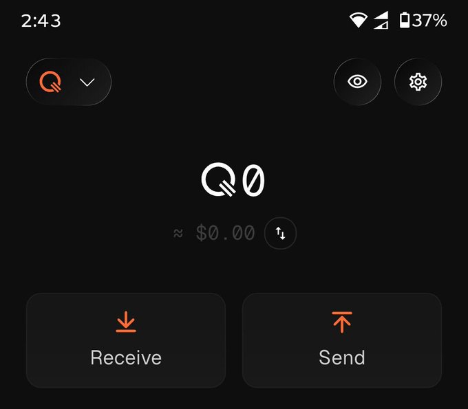 A screenshot of a mobile cryptocurrency wallet app displays a balance of 'Q 0' and approximately '$0.00', with 'Receive' and 'Send' buttons visible at the bottom.