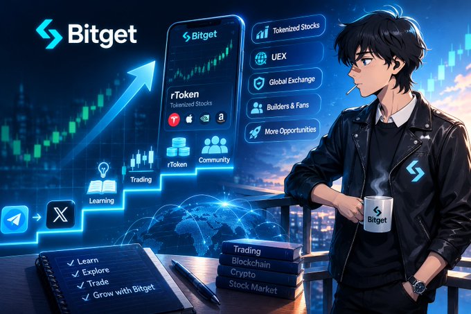 An anime-style illustration of a dark-haired character in a leather jacket holding a Bitget mug, with promotional graphics for Bitget showing features like Tokenized Stocks, UEX, Global Exchange, and steps for Trading and Learning.