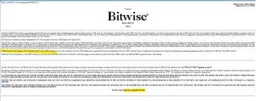 The image shows a Bitwise document with highlighted sections referencing XRP ETF purchases. The yellow highlights appear to mark text about ETF purchases and "XRP," which corresponds to the post claiming Canary ETF clients bought $3.96M worth of XRP.