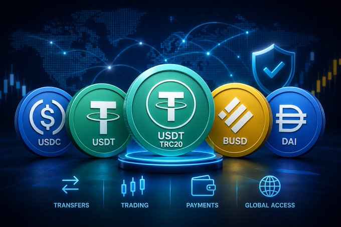 A digital graphic displays five stablecoin tokens—USDC, USDT (highlighted centrally with "TRC20"), BUSD, and DAI—alongside icons for Transfers, Trading, Payments, and Global Access, with a security shield in the background, illustrating the post's message about how these dollar-pegged cryptocurrencies serve as the stable backbone of the crypto ecosystem for everyday financial activity.