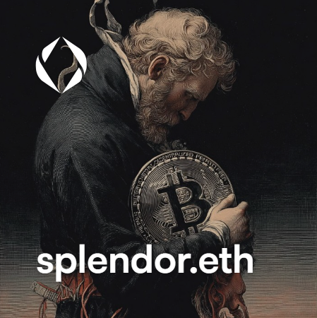 A dark, classical-style illustration of a bearded man holding a Bitcoin coin, with the Splendor.eth logo in the top left corner and 'splendor.eth' written in white text at the bottom.