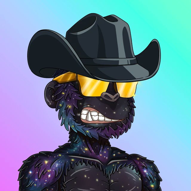 A digital illustration of an anthropomorphic gorilla character wearing a black cowboy hat and yellow reflective sunglasses, with a galaxy/cosmic pattern on its dark fur, set against a pastel gradient background.