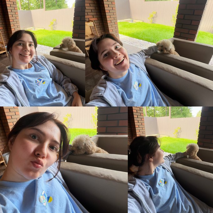 A collage of four selfies shows a young woman in a blue t-shirt and gray jacket smiling and posing indoors, with a small dog resting on the furniture in the background.