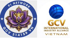 Two logos side by side: a circular purple and gold 'PI NETWORK GCV 314159' lotus emblem on the left, and a blue globe with gold text reading 'GCV INTERNATIONAL INDUSTRY ALLIANCE VIETNAM' on the right.