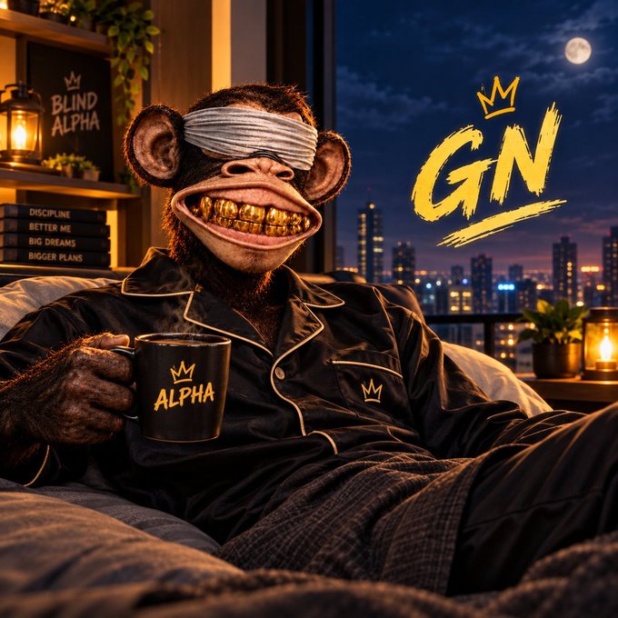 A chimpanzee wearing a sleep mask and gold grillz sits in bed holding an 'ALPHA' mug, with 'GN' (Good Night) text and a crown graphic against a nighttime city skyline; visible books include 'DISCIPLINE', 'BETTER ME', 'BIG DREAMS', and 'BIGGER PLANS'.
