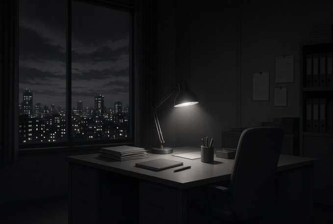 A dimly lit office desk glows under a single lamp, with a closed notebook, scattered papers, and a pen cup beside an empty chair facing a window view of the city lights at night—capturing the quiet moment of winding down after a long day's work.