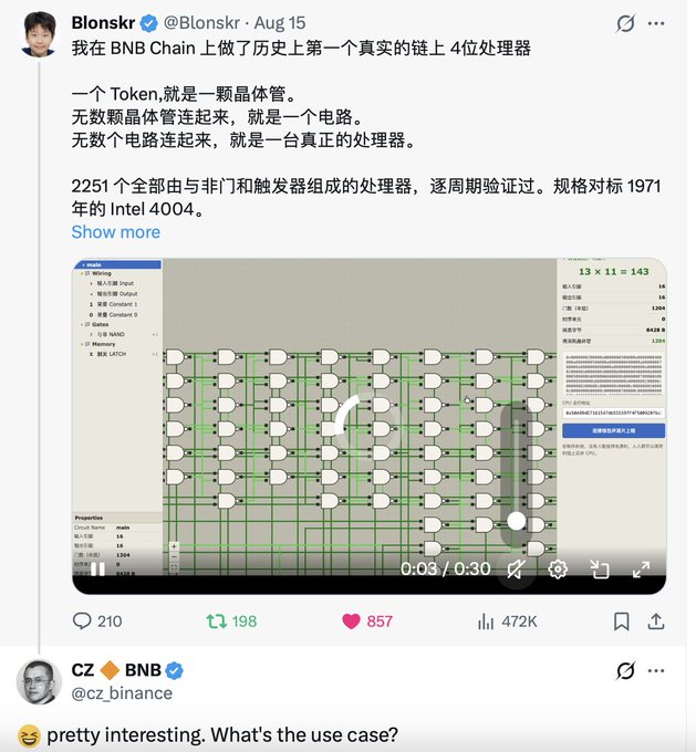 A tweet from user @Blonskr on Aug 15 announces creating the first real on-chain 4-bit processor on BNB Chain, with a reply from CZ @cz_binance stating "pretty interesting. What's the use case?"