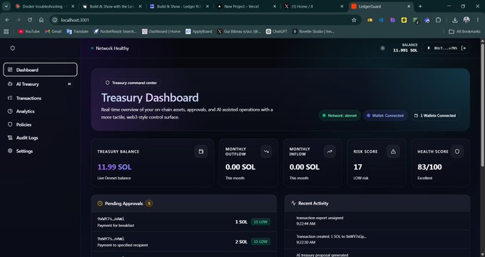 The image shows a "Treasury Dashboard" interface at localhost:3001 displaying a treasury balance of 11.99 SOL with a health score of 83/100, along with pending approvals including a payment to AVAT and a transaction creating 5 SOL to WW1VGq. The dashboard's organized layout of pending approvals and recent activity sections visually reinforces the post's emphasis on keeping each step—proposal, approval, signing, and broadcast—as distinct and auditable.