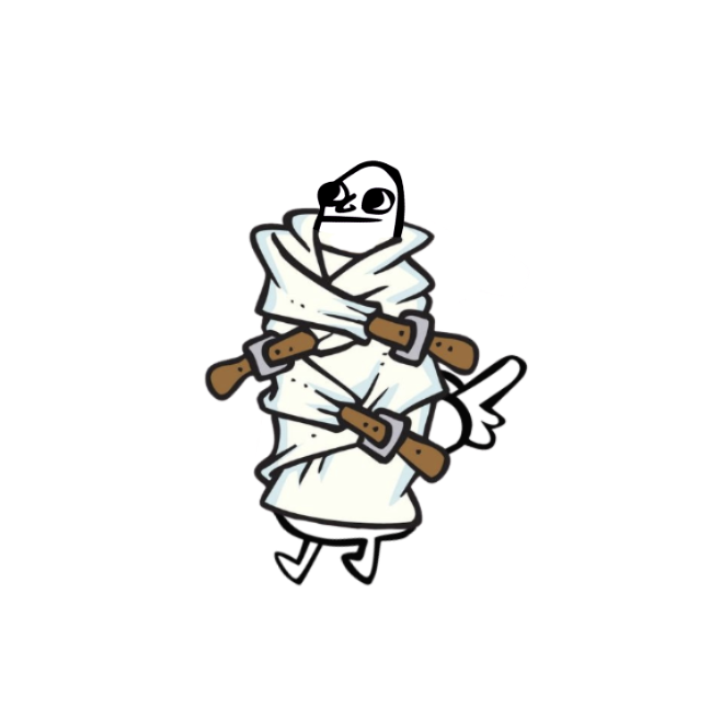 A cartoon drawing of a white, hooded figure with a smug expression, wrapped in white bandages and wielding two daggers across its body.