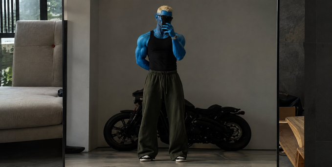 A blue-skinned, muscular humanoid character wearing a black tank top and baggy green pants stands taking a mirror selfie in a room with a motorcycle in the background.