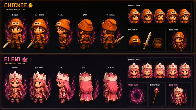 A character design sheet for NFT-style chibi characters 'CHICKIE Cambria Adventurer' (with WIF beanie) and 'ELENI Princess of Cambria', showing multiple angles, expressions, equipment, and idle poses.