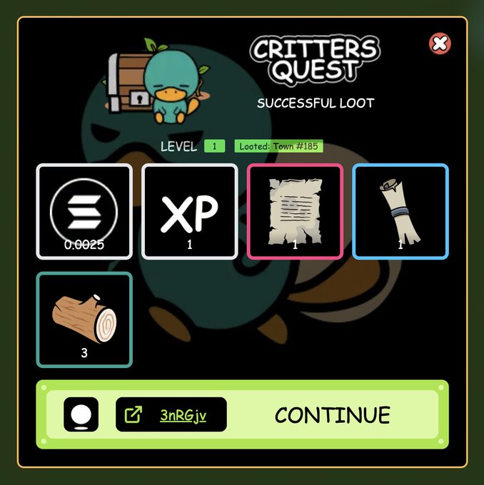 A "Successful Loot" screen from the game "Critters Quest" showing rewards including 0.0025 cryptocurrency, XP, a document, a scroll, and 3 logs from Town #185.