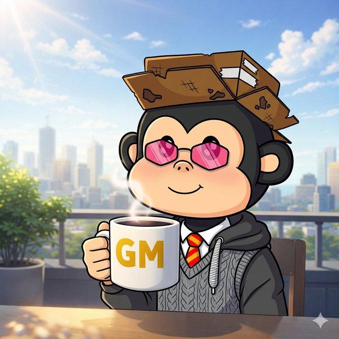 A cartoon monkey character wearing pink sunglasses and carrying cardboard boxes on its head, holding a mug that says "GM" with a city skyline in the background.