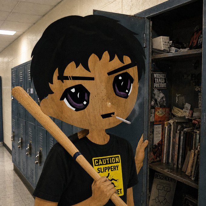 A cartoon-style character with black hair, large purple eyes, and a cigarette in their mouth stands in a school hallway holding a wooden bat, wearing a black t-shirt with a 'CAUTION SLIPPERY' sign; a locker behind them is filled with books, including a 'WHISKEY TANGO FOXTROT' book and a 'DESCENDENTS' album.