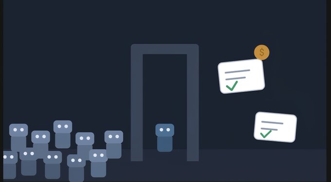 An animated illustration showing a large group of people with simple face designs waiting to pass through a doorway, while two documents with green checkmarks float above on the right side.