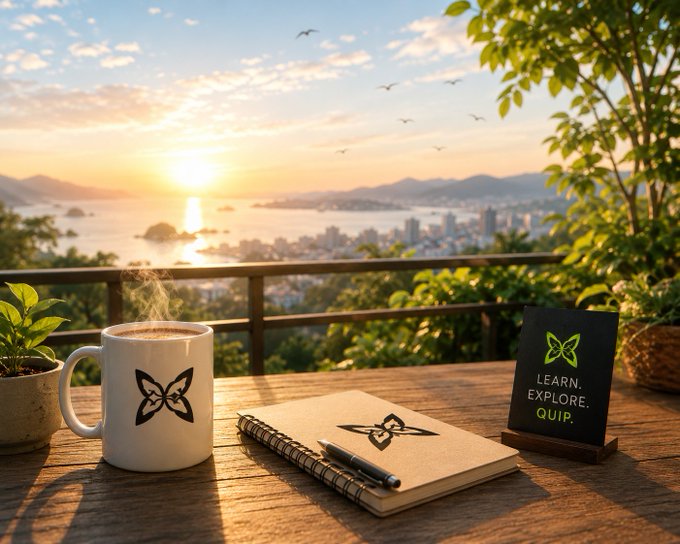 A scenic overlook at sunset featuring a steaming coffee mug, a notebook with a butterfly logo, and a sign reading "LEARN. EXPLORE. QUIP." against a coastal city view.