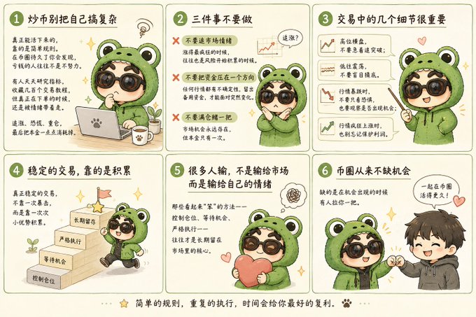 A cartoon frog character wearing sunglasses presents a six-panel guide in Chinese with key headings: "1 炒币别把自己搞复杂" (Don't overcomplicate crypto trading), "2 三件事不要做" (Three things not to do: don't chase market emotions, don't put all funds in one direction, don't gamble everything at once), "3 交易中的几个细节很重要" (Important trading details: watch highs/lows for gradual changes, volatility and volume, think twice when struggling, set stop-loss limits), "4 稳定的交易,靠的是积累" (Stable trading relies on accumulation), "5 很多人输,不是输给市场而是输给自己的情绪" (Many lose to emotions not the market), and "6 市圈从来不缺机会" (Crypto never lacks opportunities).

The image illustrates the post's message about how successful crypto traders rely on simple, consistent rules rather than overcomplicated strategies, emphasizing that most losses come from emotional decisions like chasing trends, overtrading,