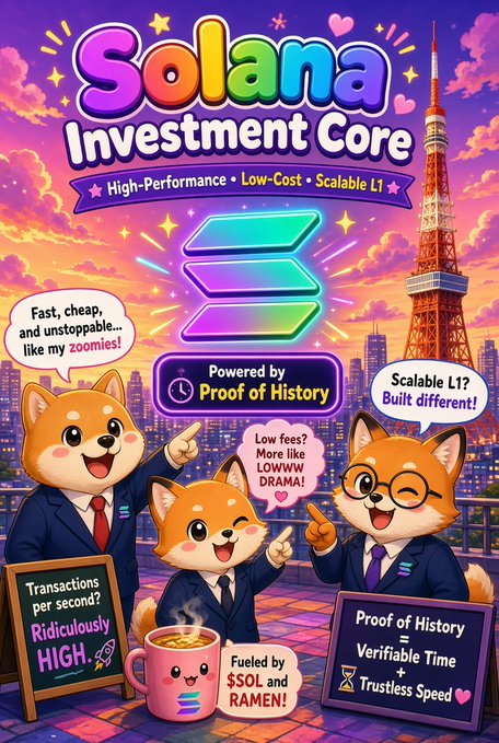 A colorful promotional graphic for 'Solana Investment Core' featuring cartoon Shiba Inu dogs in suits with text including 'High-Performance • Low-Cost • Scalable L1' and 'Powered by Proof of History'.