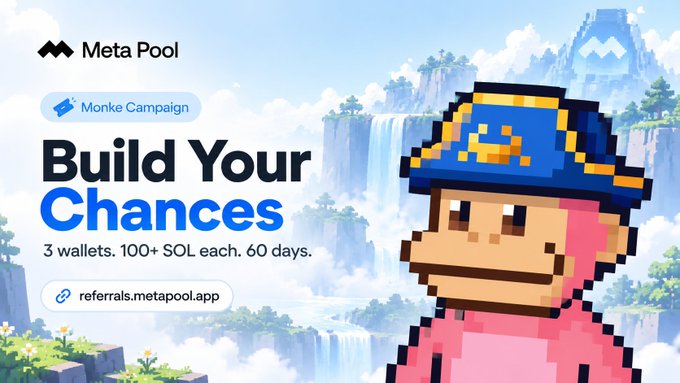 Promotional graphic for 'Meta Pool' featuring a pixel-art monkey character in a blue and gold hat, with text 'Build Your Chances', '3 wallets. 100+ SOL each. 60 days.', and a link 'referrals.metapool.app' against a fantasy landscape background.