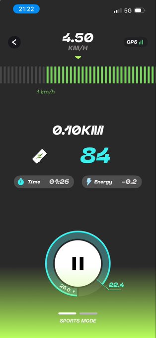A fitness tracking app displays a current speed of 4.50 km/h, a distance of 0.10 km, 84 steps, and an elapsed time of 01:26 in sports mode, with a pause button prominently shown. The metrics align with the post about increasing activity, suggesting the user is actively tracking their step count progress with the STEPNGO app.