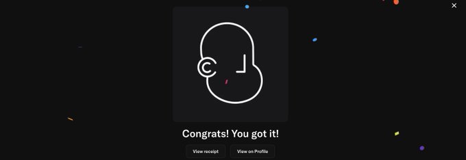 The image features a banner with a cartoon face, likely representing an avatar or profile picture from a social media platform like Twitter. The text "Congratulations! You got it!" is displayed above the face, indicating that someone has achieved something noteworthy on the platform. The background of the image is black and filled with colorful confetti, creating a festive atmosphere around the post.