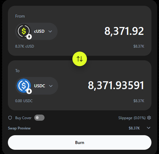 A cryptocurrency swap interface showing a conversion of 8,371.92 cUSD to 8,371.93591 USDC with a 'Burn' button at the bottom.
