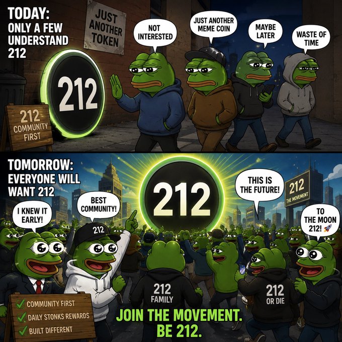 A two-panel Pepe meme about a cryptocurrency token called "212"; the top shows only a few frogs understanding 212, while the bottom shows a massive crowd celebrating it with text 'JOIN THE MOVEMENT. BE 212.'