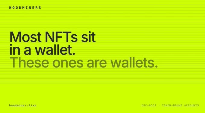 The promotional graphic for Hoodminers features bold black text on a vibrant lime-green background, reading "Most NFTs sit in a wallet. These ones are wallets," with the branding "HOODMINERS" at the top, "hoodminer.live" in the bottom left, and "ERC-6551 · TOKEN-BOUND ACCOUNTS" in the bottom right. The image visually reinforces the post's concept by flipping the traditional NFT-wallet relationship—using the ERC-6551 token-bound accounts standard to turn the NFTs themselves into functional wallets.