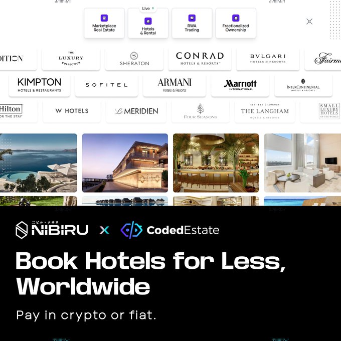 A promotional graphic for Nibiru × CodedEstate's hotel booking service, displaying logos of major hotel brands like Hilton, Marriott, Conrad, Four Seasons, and Bulgari, with the tagline "Book Hotels for Less, Worldwide - Pay in crypto or fiat," showcasing their partnership that offers competitive rates compared to Priceline and Hotels.com for crypto or fiat payments.