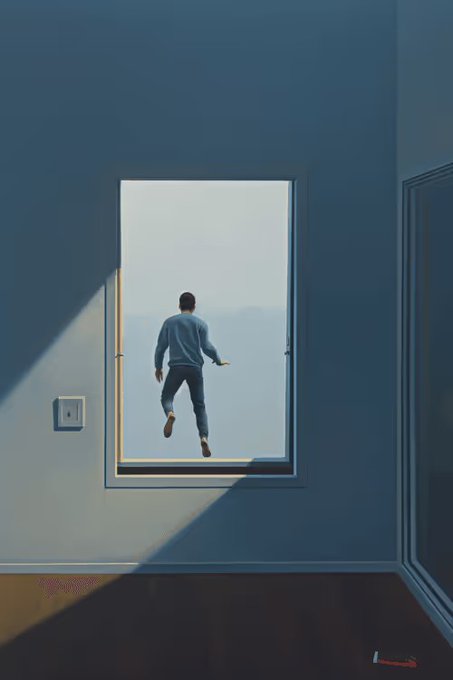 A man in a blue sweater and jeans leaps through an open window into a misty, light blue expanse from inside a dimly lit room. This surreal artwork, likely associated with the listed OpenSea Ethereum NFT transaction, evokes themes of escape and transcendence, fitting for a digital collectible's online gallery.