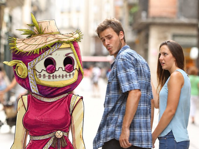 A composite image showing a costumed character in a pink outfit with a decorative skull mask and straw hat standing on a city street, while a young couple in the background looks at the character with surprised expressions.