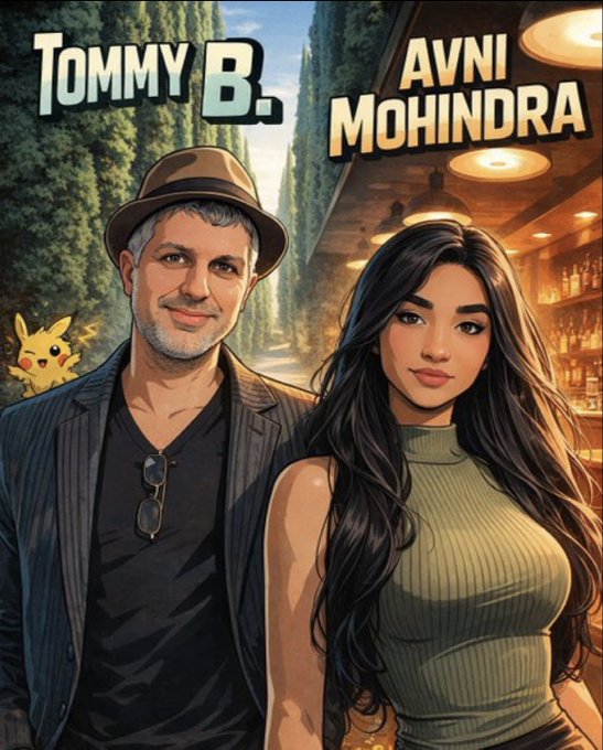 A stylized digital illustration shows two figures labeled "Tommy B." (a man in a hat and blazer with a Pikachu beside him) and "Avni Mohindra" (a woman in a green top), set against a backdrop of cypress trees and a bar—promoting a co-hosted space appearance by Tommy B. and Avni Mohindra with the $SOL ticker noted in the post.