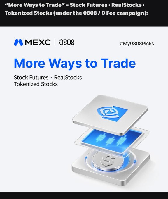 A MEXC promotional graphic with the text 'More Ways to Trade' highlighting Stock Futures, RealStocks, and Tokenized Stocks under the '0808 / 0 Fee campaign' with the hashtag #My0808Picks.