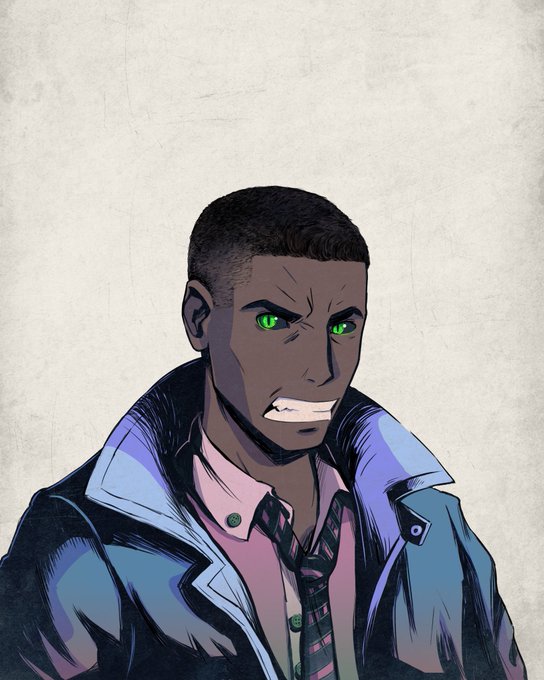 A digital illustration of a serious Black man with short hair, bright green eyes, wearing a pink shirt, striped tie, and dark jacket against a textured gray background.