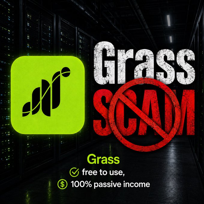 The image shows the Grass app logo alongside large text reading "Grass" and "SCAM" with a red prohibition symbol over the latter, set against a server room backdrop, with bullet points listing "free to use" and "100% passive income"—visually countering scam accusations while promoting the app's key benefits.