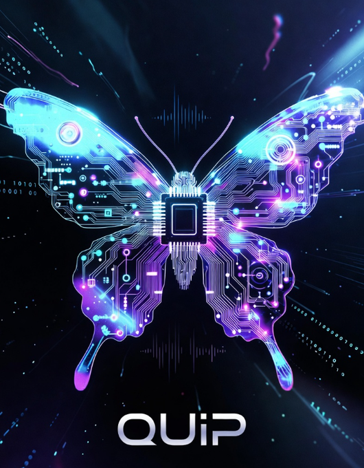 The image features a butterfly-like design with electronic components, such as a circuit board or computer chip, surrounded by blue and purple lights. The background of the image is black, which contrasts with the colorful butterfly and electronic components. The text "quip" appears in the bottom right corner of the image, suggesting that it might be related to an online platform or community centered around a particular interest or hobby.