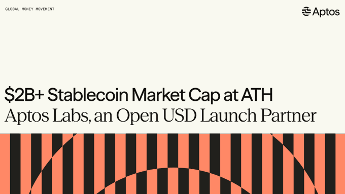 Aptos Labs graphic announcing its role as an Open USD launch partner alongside major payment networks, with text highlighting "$2B+ Stablecoin Market Cap at ATH" set against a bold orange and black striped design featuring the Aptos logo.