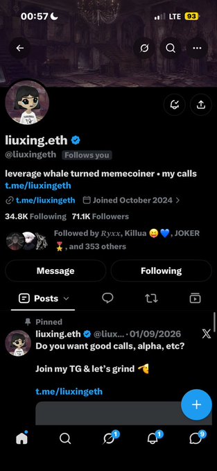 A Twitter/X profile screenshot of @liuxing.eth showing '71.1K Followers' and a pinned tweet: 'Do you want good calls, alpha, etc? Join my TG & let's grind' with a Telegram link t.me/liuxingeth.