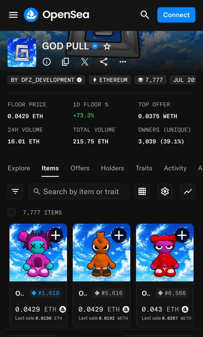 An OpenSea NFT collection page for 'GOD PULL' on Ethereum shows a floor price of 0.0429 ETH with 7,777 items, displaying three cartoon bear-like NFT characters.
